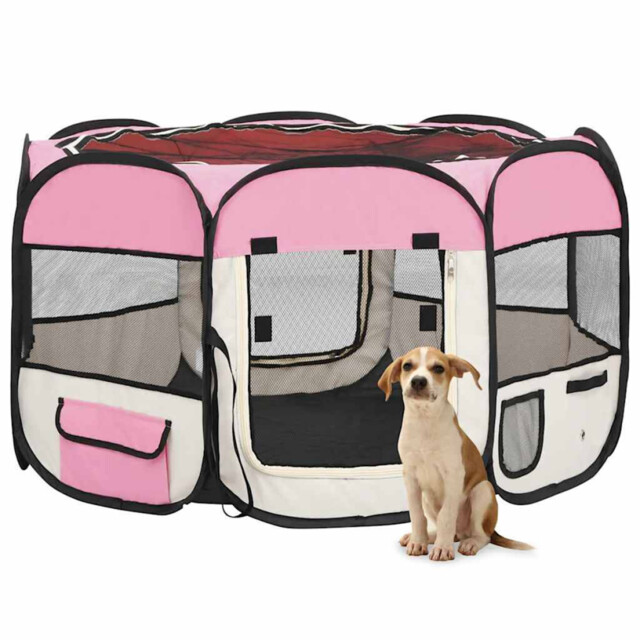 Foldable Dog Playpen Pink 110x110x58cm Polyester Steel Portable Mesh