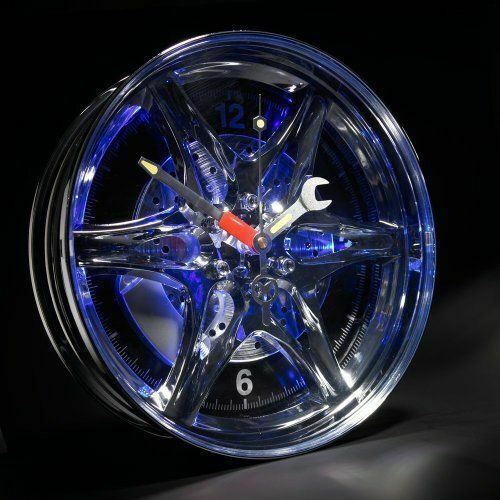 Neon Alloy Rim Wall Clock Blue Led Light Border Car Garage Wheel