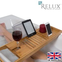 Relux Luxury Extendable Bamboo Bath Bridge Caddy Tray Ipad Kindle Wine