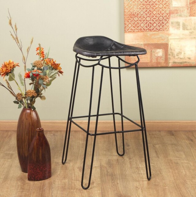 Handmade Artisan Genuine Real Black Leather High Bar Stool Metal Frame