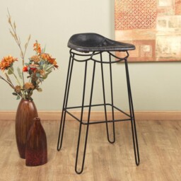 Handmade Artisan Genuine Real Black Leather High Bar Stool Metal Frame