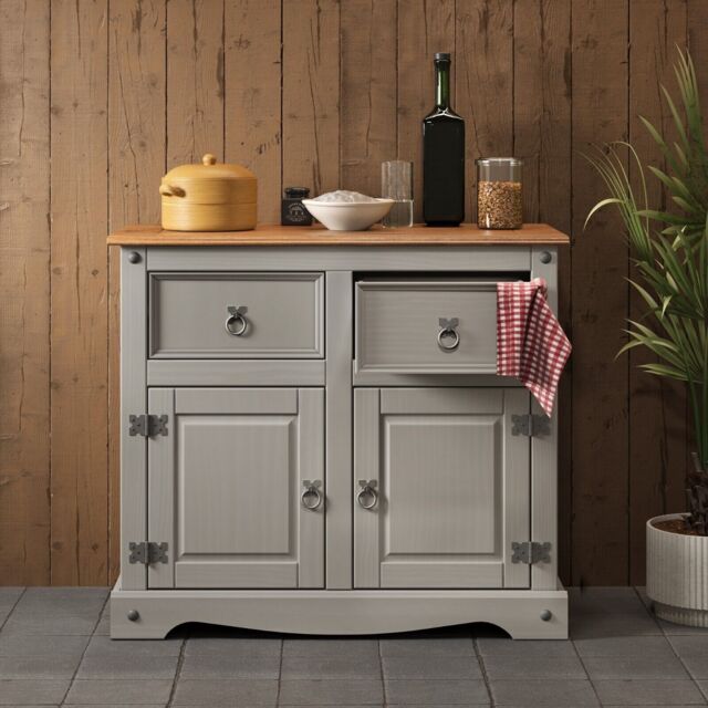 Corona Sideboard 2 Door Grey Wax Solid Wooden Mexican Pine Wood