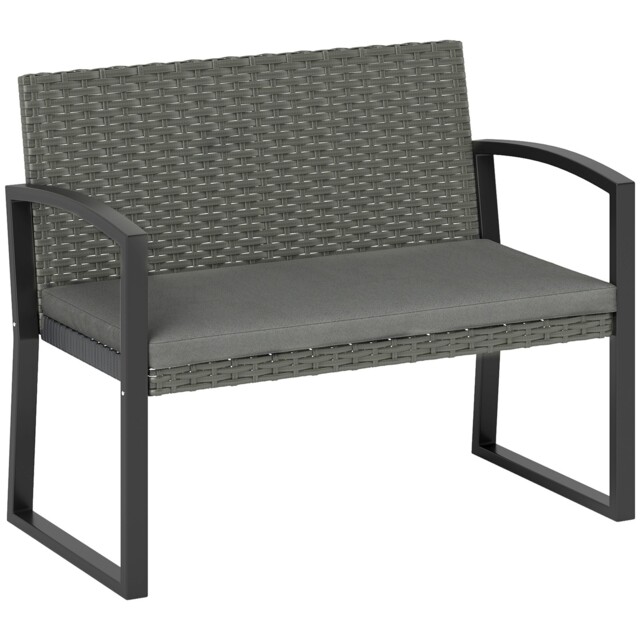 Outsunny 2 Seater Rattan Garden Bench With Cushion, Steel Frame, Light