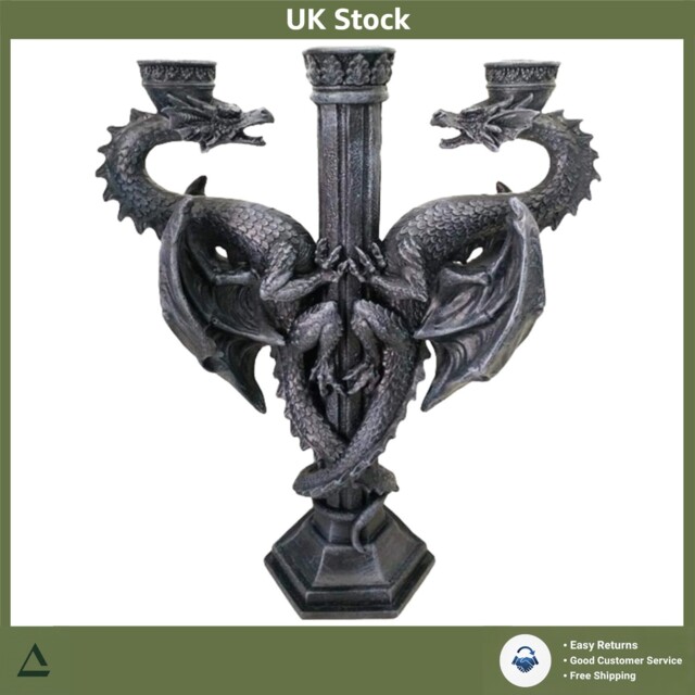 Majestic Dragon Altar Candle Holder Hand-painted Resin Black 29cm Tall