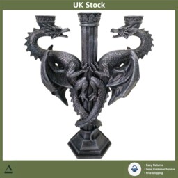 Majestic Dragon Altar Candle Holder Hand-painted Resin Black 29cm Tall