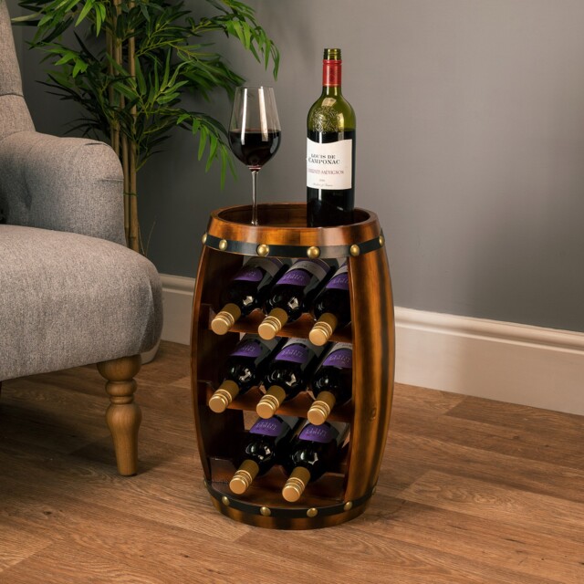 Barrel Wine Rack Wooden Free Standing 8 Bottle Storage Holder H50cm