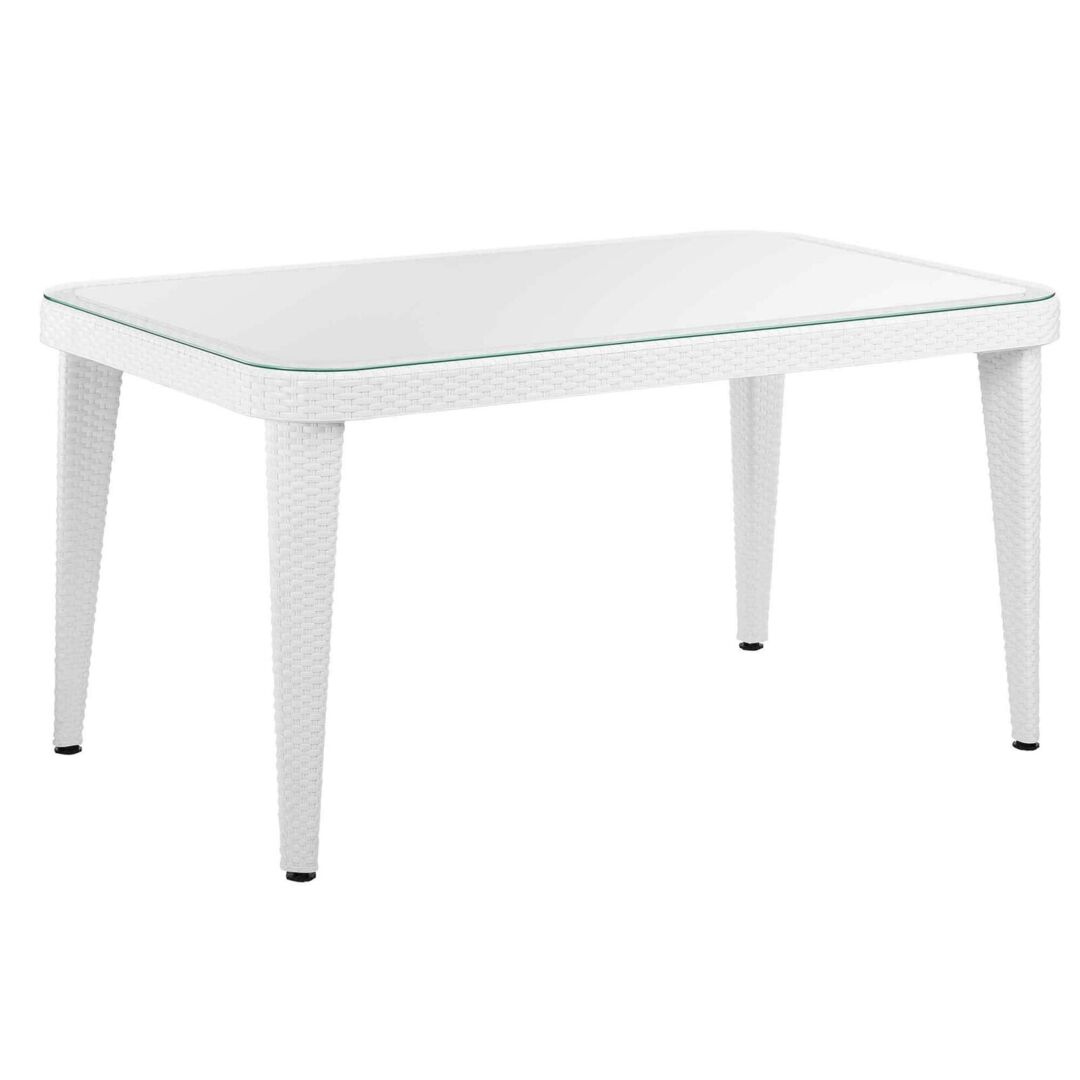 Outdoor Dining Table, Weather Resistant, Glass Top White by