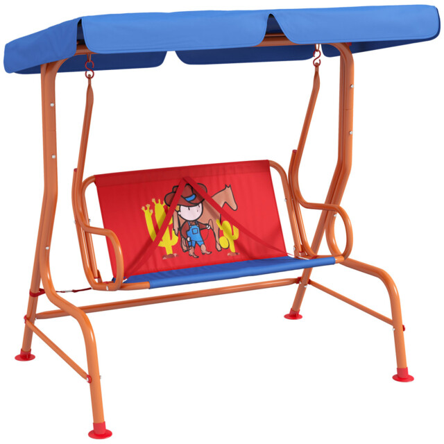 Outsunny 2 Seater Kids Swing Chair Cowboy Themed With Adjustable