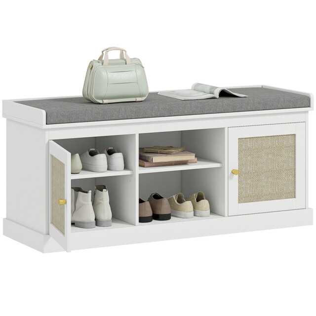 Boho Shoe Storage Bench With Cushion Rattan Cabinet White
