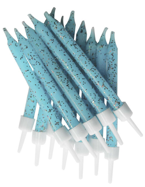 Light Blue Cake Candles 12pk Glitter 7cm Happy Birthday Party Topper