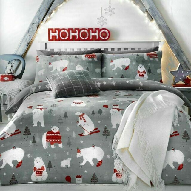 Double Size Grey & Red Christmas Duvet Cover Set Christmas Polar Bear