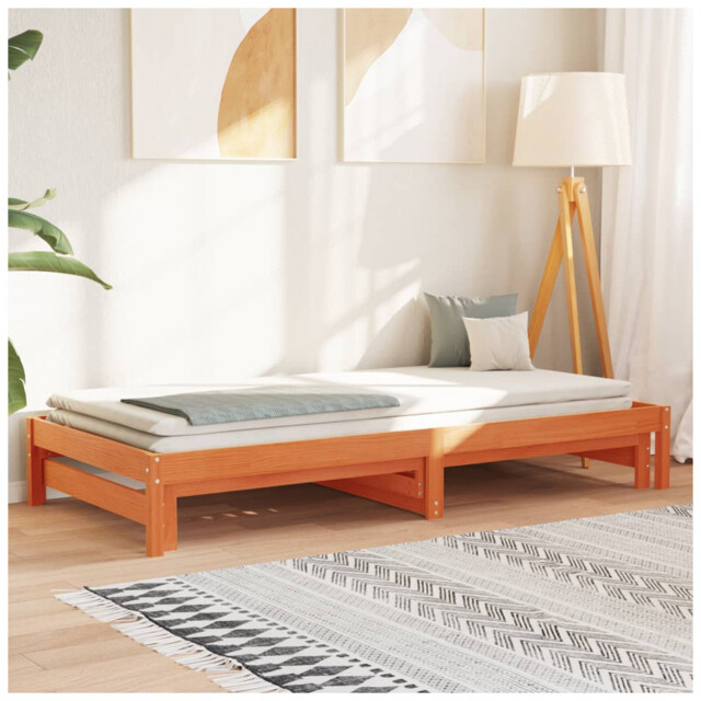 Day Bed With Trundle Brown Solid Pine Wood 90 X 190 Cm Single