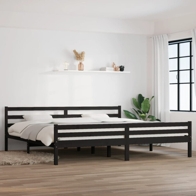 Bed Frame Modern Minimalist Black Solid Pine 200x200 Cm Slatted Base