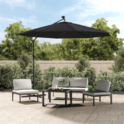 Cantilever Parasol 300cm Black Polyester Steel Pole 24 Led Solar