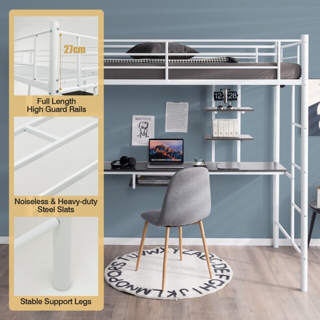Single Metal Loft Bed Frame High Sleeper Bunk Bed W/ Desk Storage