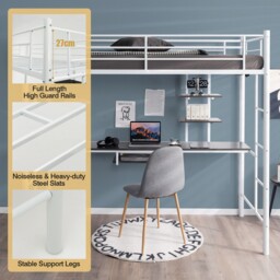 Single Metal Loft Bed Frame High Sleeper Bunk Bed W/ Desk Storage