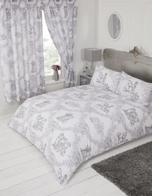 Double Bed Toile De Jouy Grey Floral Traditional Duvet Cover Set