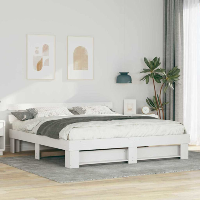 Bed Frame White 180x200 Cm Solid Pine Platform Headboard Minimalist