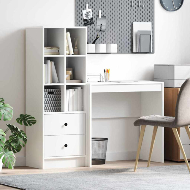 Desk With Highboard 125.5x40x127cm White Engineered Wood 2 Drawers