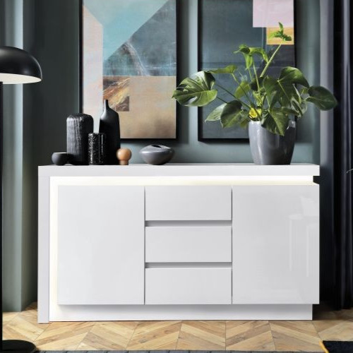 Lyon 2 Door 3 Drawer Sideboard (incl Led Lighting) In White High Gloss