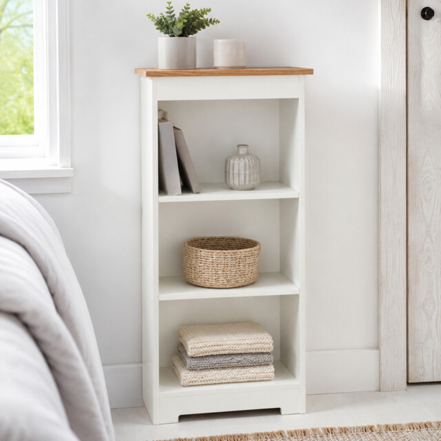 Colorado Low Narrow White Bookcase, Oak Effect Top, Adjustable