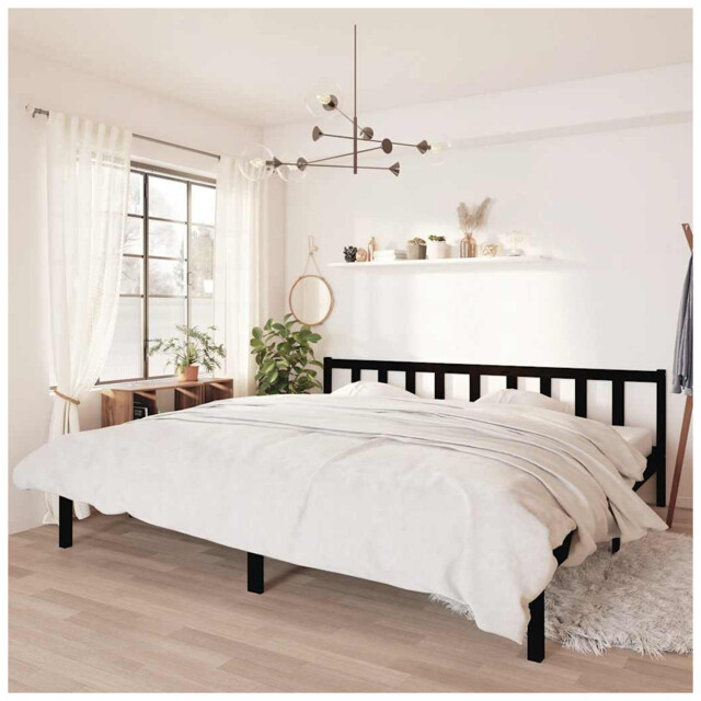 Bed Frame Black Solid Pine Wood 200x200 Cm Slatted Headboard Rustic