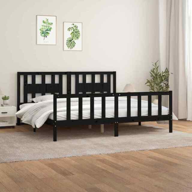 Bed Frame With Headboard Black Solid Wood Pine 200x200 Cm Vidaxl