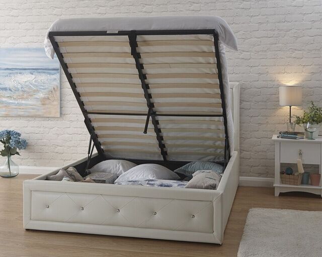 White Hollywood Kingsize Ottoman Storage Bed, Assembly Option Local