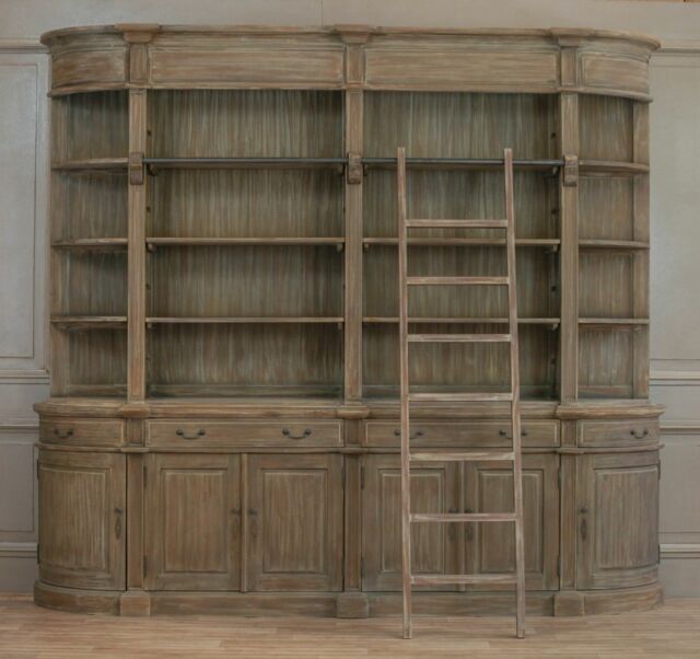 Classical Extra Large Double Bookcase In White Cedar Wood With Ladder