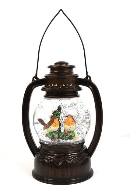 Antique Bronze Glitter Led Snow Globe Water Spinner Christmas Robins