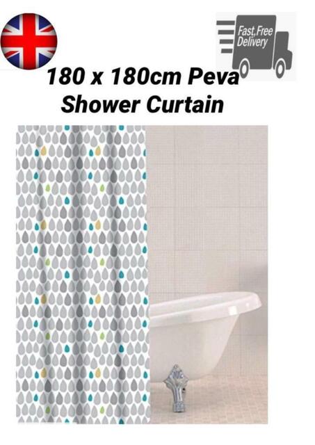 Modern Shower Curtain Rain Drop Grey Peva Rings Hooks 180 X 180cm