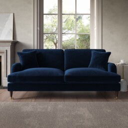 Navy Velvet Sofa 3 Seater With Ruched Saddle Arms Wood Gold Legs