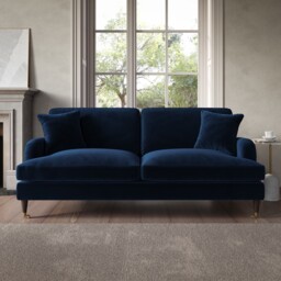 Navy Velvet Sofa 3 Seater With Ruched Saddle Arms Wood Gold Legs
