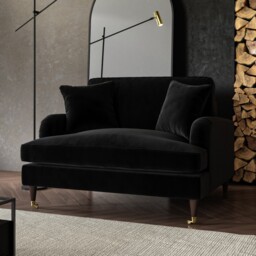Black Velvet Loveseat With Dark Wood Gold Legs Saddle Arms Traditional