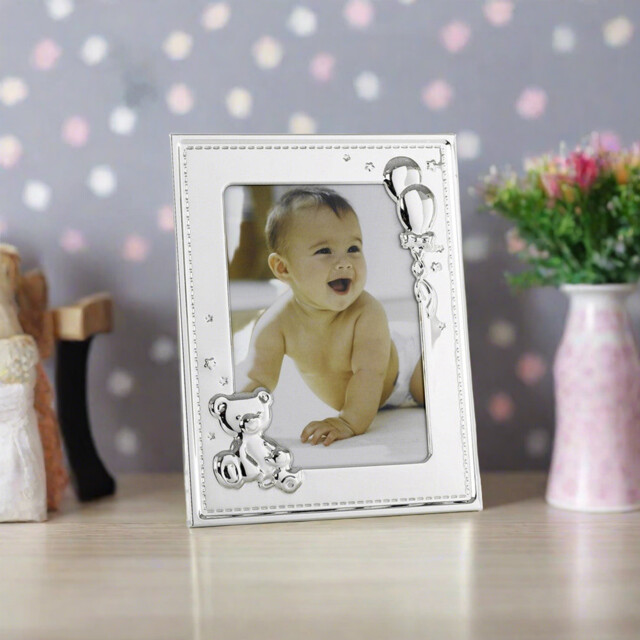 "Baby Silver Photo Frame With Teddy Bear And Balloons 5 X 7"""