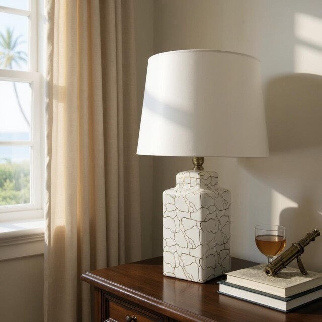 Cream Ceramic Table Lamp With Drum Shade 59cm – Modern Abstract Design