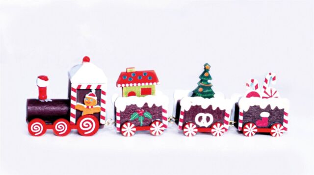 Wooden Christmas Pudding Train Set Decoration Festive Colours With 3