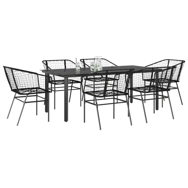7 Piece Garden Dining Set Black Poly Rattan Glass Vidaxl