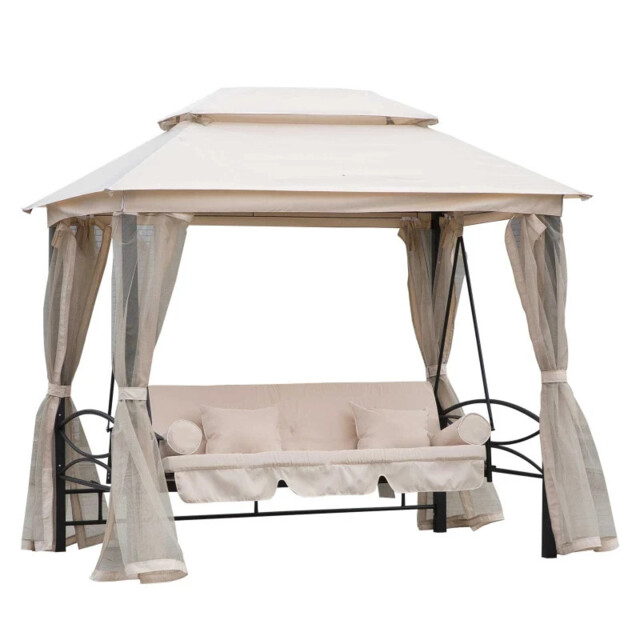 3 Seater Swing Chair Hammock Gazebo Patio Bench Outdoor Shade Beige