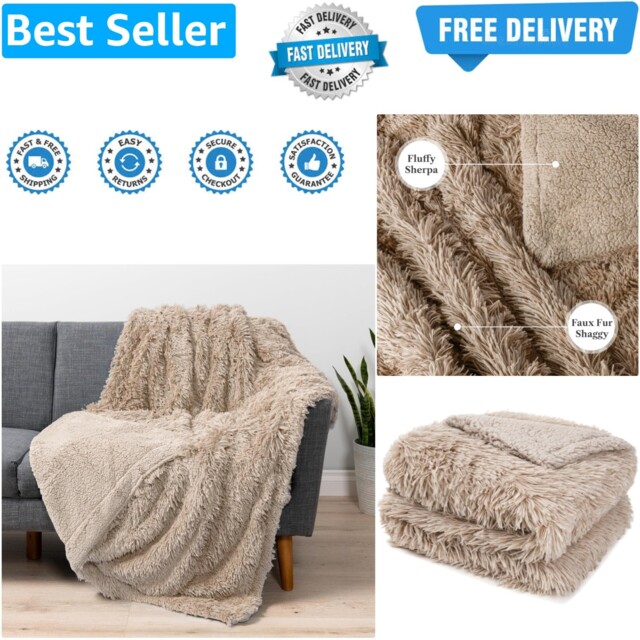 Soft Fluffy Faux Fur Throw Blanket, Taupe Tan Camel, Shaggy Furry Warm