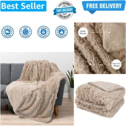 Soft Fluffy Faux Fur Throw Blanket, Taupe Tan Camel, Shaggy Furry Warm