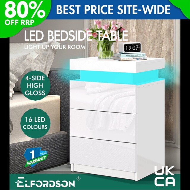Elfordson Bedside Table 3 Drawer Led Storage Cabinet Chest High Gloss