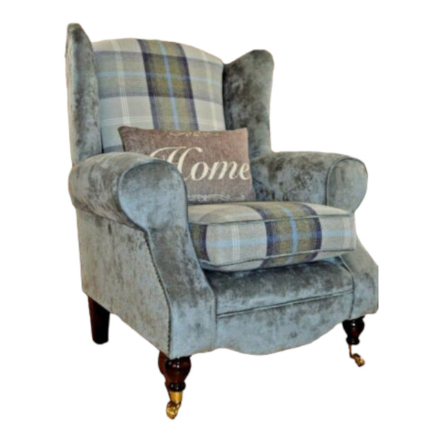 Wing Back Queen Anne Accent Chair Blue Tartan Seating Area & Plain