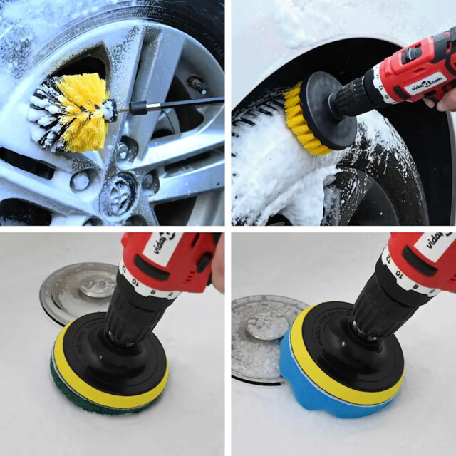 Car Cleaning Brush Set Multicolour Poly Rattan 10x10x8cm W/ Ext Rod &