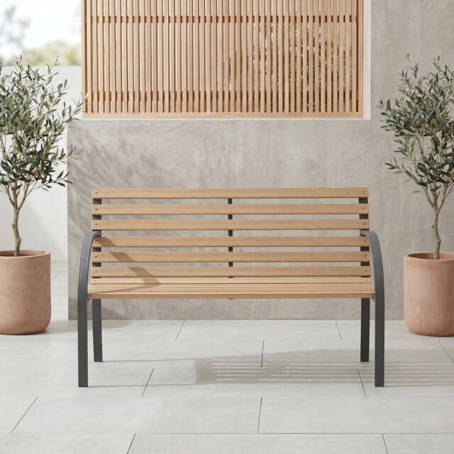 Wooden Outdoor Garden Bench - Slatted Seat, Steel Legs, Patio