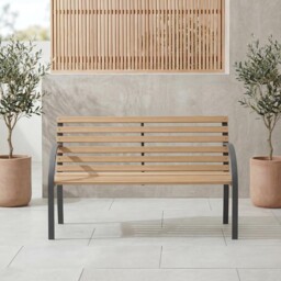 Wooden Outdoor Garden Bench - Slatted Seat, Steel Legs, Patio