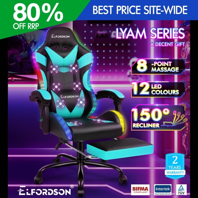 Elfordson Office Chair Massage Rgb Led Recliner Swivel Footrest