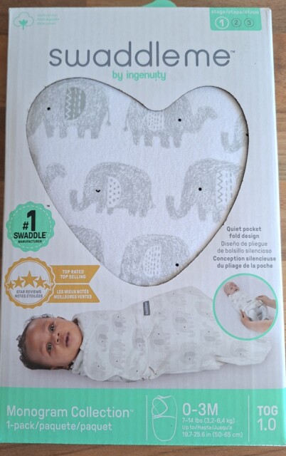 Swaddleme Swaddle – Stage One, 0-3 Months, 1 Tog - Elephants, Monogram