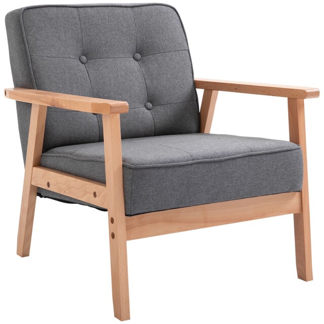 Homcom Accent Chair Linen Armchair W/ Rubber Wood Frame Grey Natural