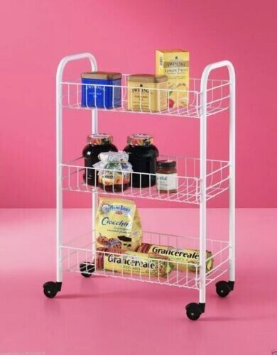 Metaltex Storage Sienna Rolling Cart Plastic Coated 3 Baskets 4 Wheels